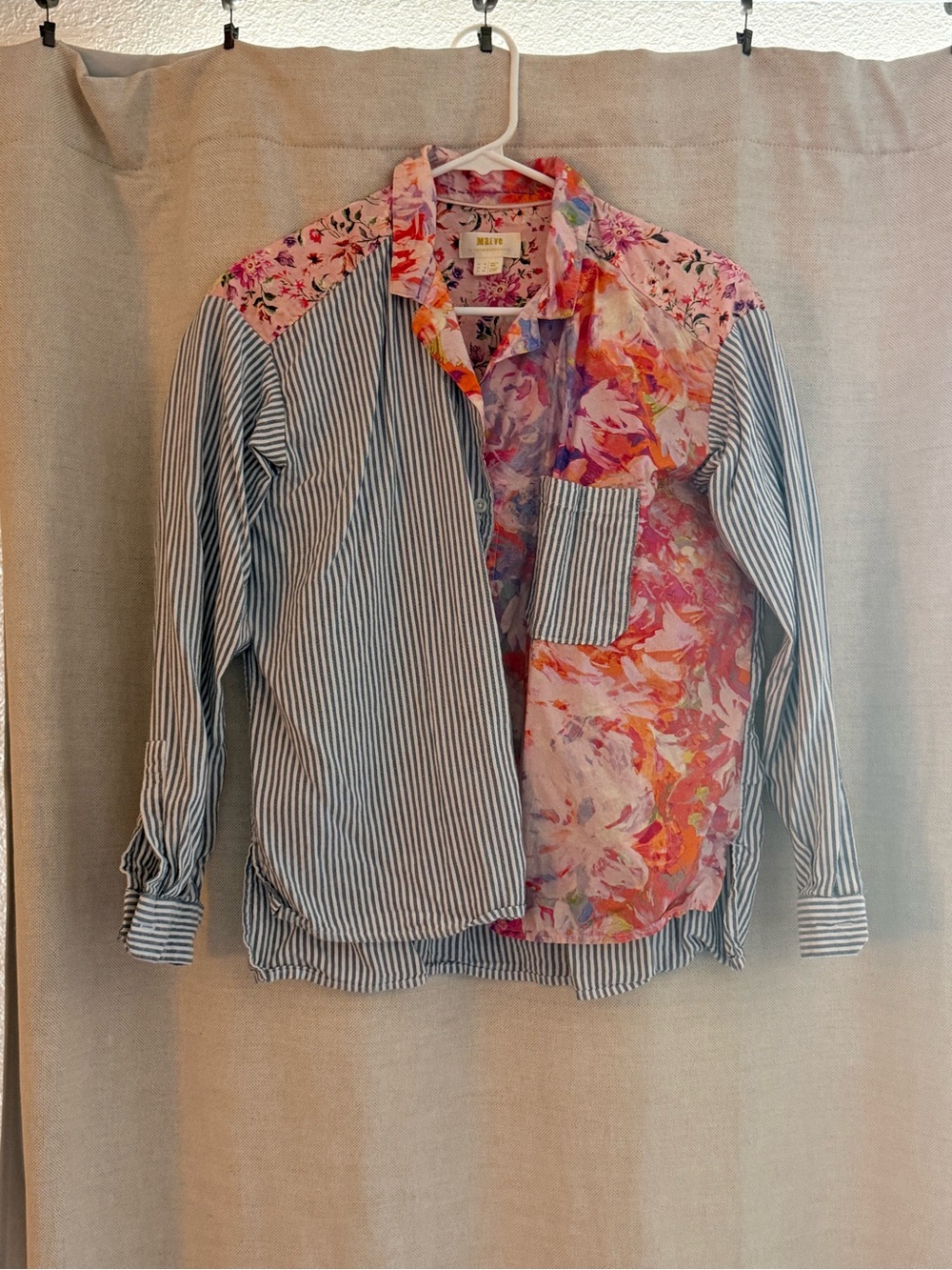 Mixed-Print Women’s Button-Up Shirt - Blue Stripe & Pink Floral
